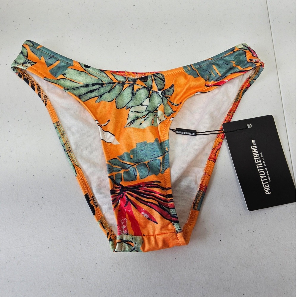 PrettyLittleThing Bikini Bottom Women US 2 Orange Tropical Big Leaf V Front NEW
